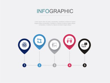 pratik, koçluk, eğitim, öğretim, eğitim, ikonlar, Infographic tasarım tasarım şablonu. 5 seçenekli yaratıcı sunum kavramı