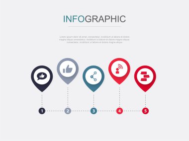 Sosyal medya, mesela, paylaşım, takip, yorumlar, ikonlar, Infographic tasarım düzeni tasarım şablonu. 5 seçenekli yaratıcı sunum kavramı