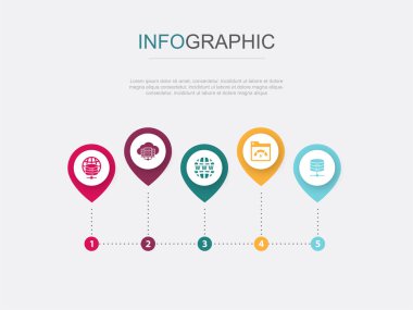 Web sunucu, bulut sunucu, alan adı, bant genişliği, veritabanı, simge Infographic tasarım tasarım şablonu. 5 seçenekli yaratıcı sunum kavramı