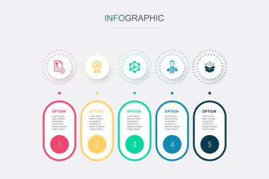 Standart, mükemmel, servis, müşteri, ürün, simgeler Infographic zaman çizelgesi tasarım şablonu. 5 seçenekli yaratıcı sunum kavramı