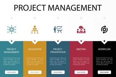 Proje yönetimi, Delegasyon, Proje sunumu, Toplantı, iş akışı, simgeler Infographic tasarım şablonu. 5 seçenekli yaratıcı sunum kavramı