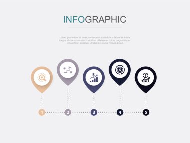 analiz, strateji, kâr, gelir, ekonomi, ikonlar Infographic tasarım tasarım şablonu. 5 seçenekli yaratıcı sunum kavramı