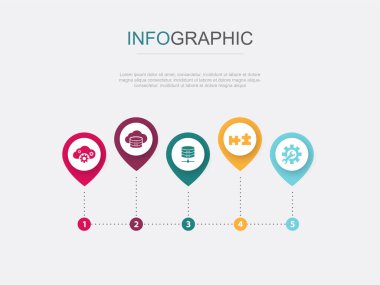 SaaS, bulut depolama, veritabanı, uyumluluk, yapılandırma, simge Infographic tasarım şablonu. 5 seçenekli yaratıcı sunum kavramı