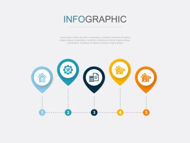 Mülk teftişi, bakım hizmeti, muhasebe, mülk kirası, mülk satışı, ikonlar Infographic tasarım şablonu. 5 seçenekli yaratıcı sunum kavramı