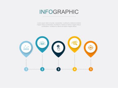 Social campaign, Email marketing, Pay per click, SEO optimization, Target Audience, icons Infographic design layout design template. Creative presentation concept with 5 options