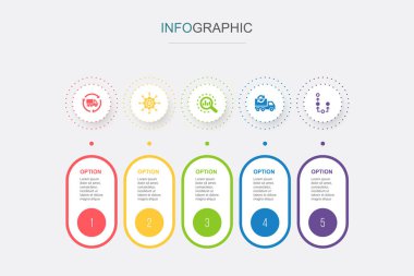 SCM, management, analysis, logistic, plan, icons Infographic timeline layout design template. Creative presentation concept with 5 options