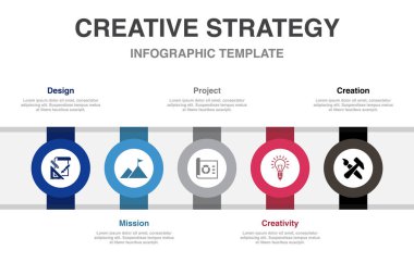 design, mission, project, creativity, creation, icons Infographic design layout design template. Creative presentation concept with 5 options