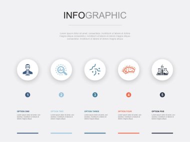Bilim adamı, araştırma, biyoloji, organizma, laboratuvar, ikonlar Infographic tasarım tasarım şablonu. 5 seçenekli yaratıcı sunum kavramı