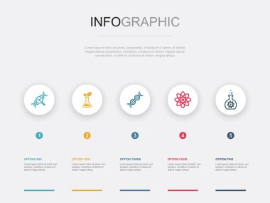 Biyoteknoloji, GDO, DNA, Bilim, biyomühendislik, ikonlar Infographic tasarım tasarım şablonu. 5 seçenekli yaratıcı sunum kavramı