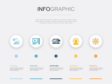 Blogger, video blogu, dijital içerik, canlı yayın, viral içerik, simge Infographic tasarım şablonu. 5 seçenekli yaratıcı sunum kavramı