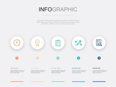 indicator, quality, metrics, strategy, evaluation, icons Infographic design layout design template. Creative presentation concept with 5 options
