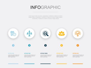 schedule, collaboration, analysis, development, solution, icons Infographic design layout design template. Creative presentation concept with 5 options