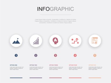 mission, growth, passion, strategy, declaration, icons Infographic design layout design template. Creative presentation concept with 5 options