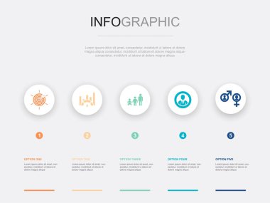 Niche Marketing, Benchmarking, Age group, Occupation, Gender, icons Infographic design layout design template. Creative presentation concept with 5 options
