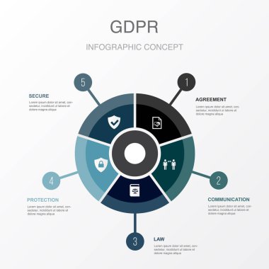 agreement, communication, law, protection, secure, icons Infographic design layout template. Creative presentation concept with 5 options
