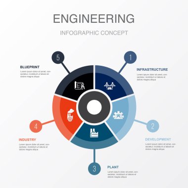 Infrastructure, development, plant, industry, blueprint, icons Infographic design layout template. Creative presentation concept with 5 options