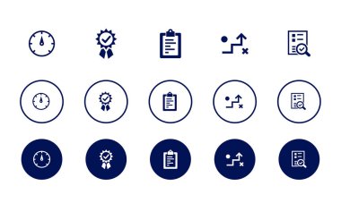 indicator, quality, metrics, strategy, evaluation, icons set design template. Creative concept icons set 5 elements design