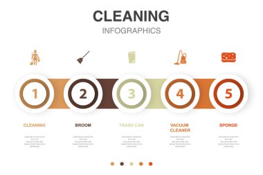 Cleaning, broom, trash can, vacuum cleaner, sponge, icons Infographic design layout template. Creative presentation concept with 5 options