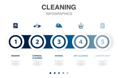 Washer, express cleaning, ironing, dry cleaning, laundry shop, icons Infographic design layout template. Creative presentation concept with 5 options