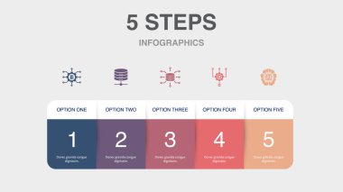 Big data, Database, Data Aggregation, Algorithm, Artificial intelligence, icons Infographic design layout template. Creative presentation concept with 5 options