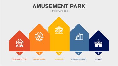 amusement park, Ferris wheel, Carousel, Roller coaster, circus, icons Infographic design layout template. Creative presentation concept with 5 options