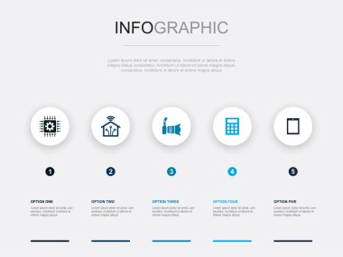Technology, smart home, photo camera, calculator, tablet computer, icons Infographic design layout template. Creative presentation concept with 5 options