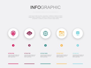 web hosting, cloud hosting, Domain Name, Bandwidth, Database, icons Infographic design layout template. Creative presentation concept with 5 options