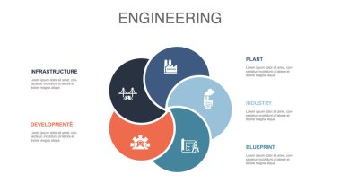 Infrastructure, development, plant, industry, blueprint, icons Infographic design layout template. Creative presentation concept with 5 options