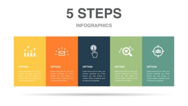 Social campaign, Email marketing, Pay per click, SEO optimization, Target Audience, icons Infographic design layout template. Creative presentation concept with 5 options