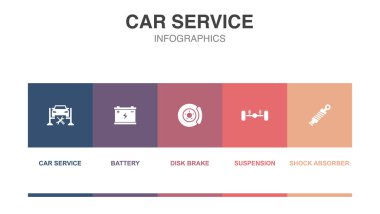 car service, battery, disk brake, suspension, shock absorber, icons Infographic design layout template. Creative presentation concept with 5 options