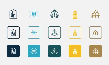 workspace, team, sharing economy, Business Center, Community, icons set design template. Creative concept icons set 5 elements design