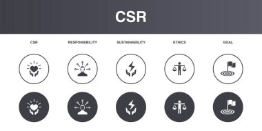 CSR, responsibility, sustainability, ethics, goal, icons set design template. Creative concept icons set 5 elements design