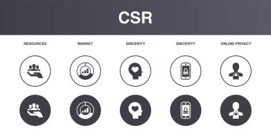 resources, market, sincerity, mobile security, online privacy, icons set design template. Creative concept icons set 5 elements design