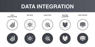 Data Visualization, big data, Analytics, Machine Learning, data center, icons set design template. Creative concept icons set 5 elements design