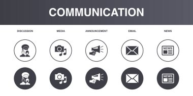 discussion, media, announcement, email, news, icons set design template. Creative concept icons set 5 elements design