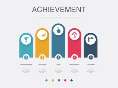 achievement, progress, luck, performance, attainment, icons Infographic design layout template. Creative presentation concept with 5 options