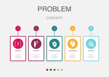 problem, solution, problem solving, depression, analyze, icons Infographic design layout template. Creative presentation concept with 5 options