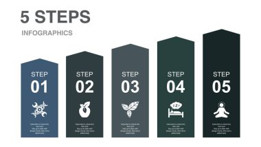 biohacking, organic food, detox, healthy sleeping, meditation, icons Infographic design layout template. Creative presentation concept with 5 options