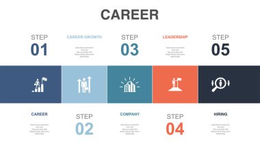 Career, career growth, company, leadership, hiring, icons Infographic design layout template. Creative presentation concept with 5 options