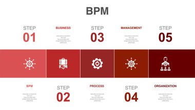 BPM, business, process, management, organization, icons Infographic design layout template. Creative presentation concept with 5 options