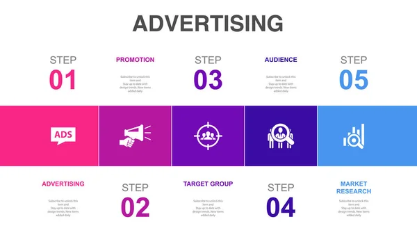 Advertising Promotion Target Group Audience Market Research Icons Infographic Design — Archivo Imágenes Vectoriales