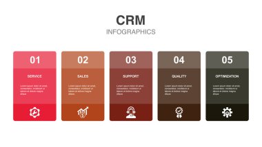 service, sales, support, quality, optimization, icons Infographic design layout template. Creative presentation concept with 5 options