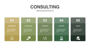 experience, consultant, strategy, support, advice, icons Infographic design layout template. Creative presentation concept with 5 options