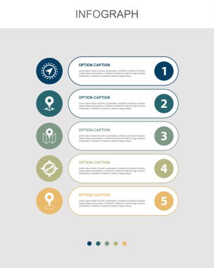 Navigation, location, map, compass, gps, icons Infographic design layout template. Creative presentation concept with 5 options