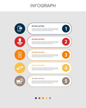 Mobile banking, account, banking app, money transfer, account balance, icons Infographic design layout template. Creative presentation concept with 5 options