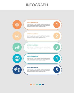 Niche Marketing, Benchmarking, Age group, Occupation, Gender, icons Infographic design layout template. Creative presentation concept with 5 options