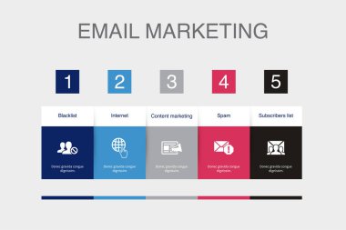 Blacklist, internet, content marketing, spam, subscribers list, icons Infographic design layout template. Creative presentation concept with 5 options