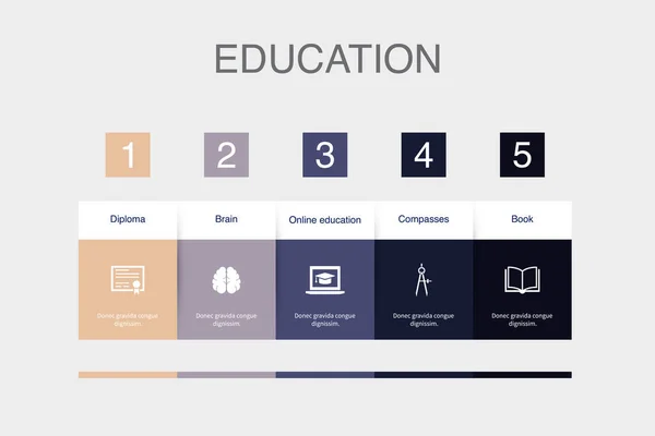 Diploma Brain Online Education Compasses Book Icons Infographic Design Layout —  Vetores de Stock