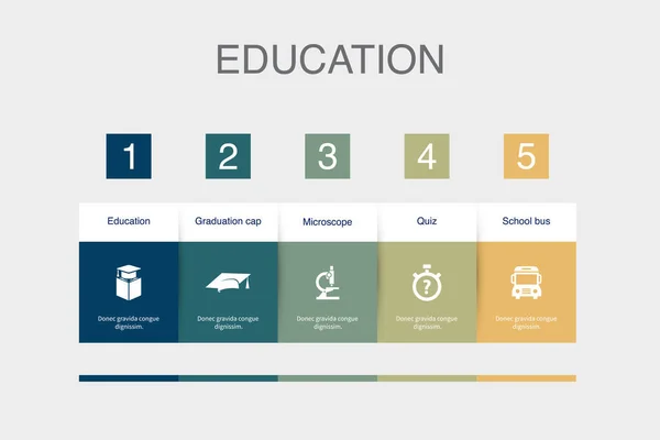 Education Graduation Cap Microscope Quiz School Bus Icons Infographic Design — Vettoriale Stock