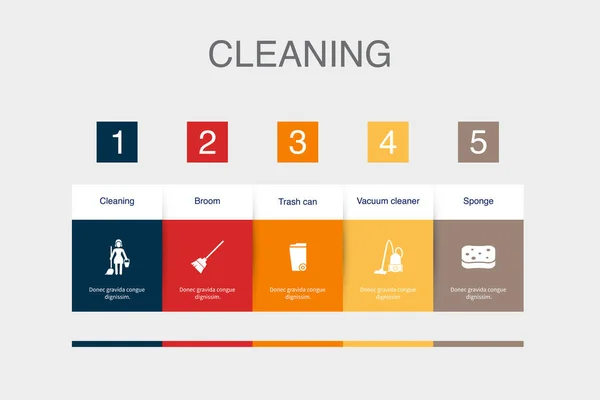 Cleaning Broom Trash Can Vacuum Cleaner Sponge Icons Infographic Design —  Vetores de Stock